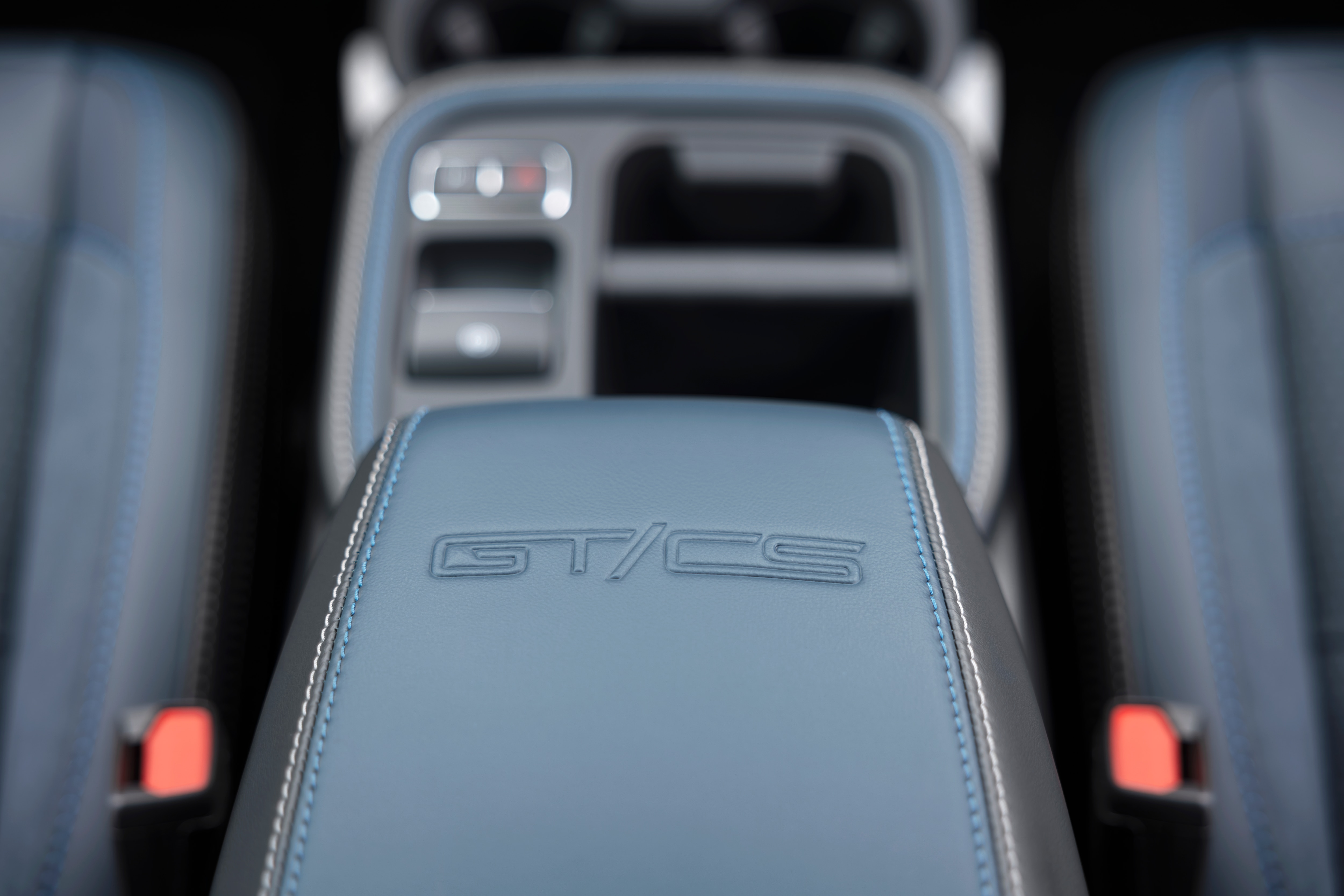 Detail of Mustang Mach-E interior shows "GT/CS" engraved on the center console.